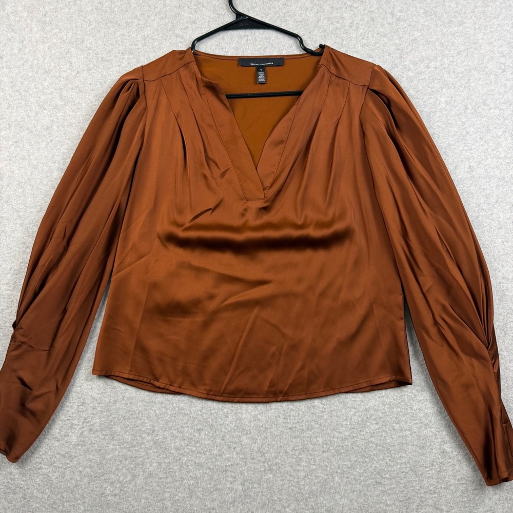 White House Black Market Satin Blouse Womens 4 Rust Orange Pleated V-Neck Puff